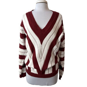 Pretty Garden Women’s M Preppy V Neck Soft Knit Sweater Burgundy Stripe Academia